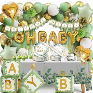 Sage Green Baby Shower Decorations,All In One Set,Neutral Baby Shower Supplies Kit, With 4 Balloon Blocks,12 Tableware Sets, Disposable Plates, "OH BABY" Balloons,Sage Baby Shower Tablecloth, Toppers