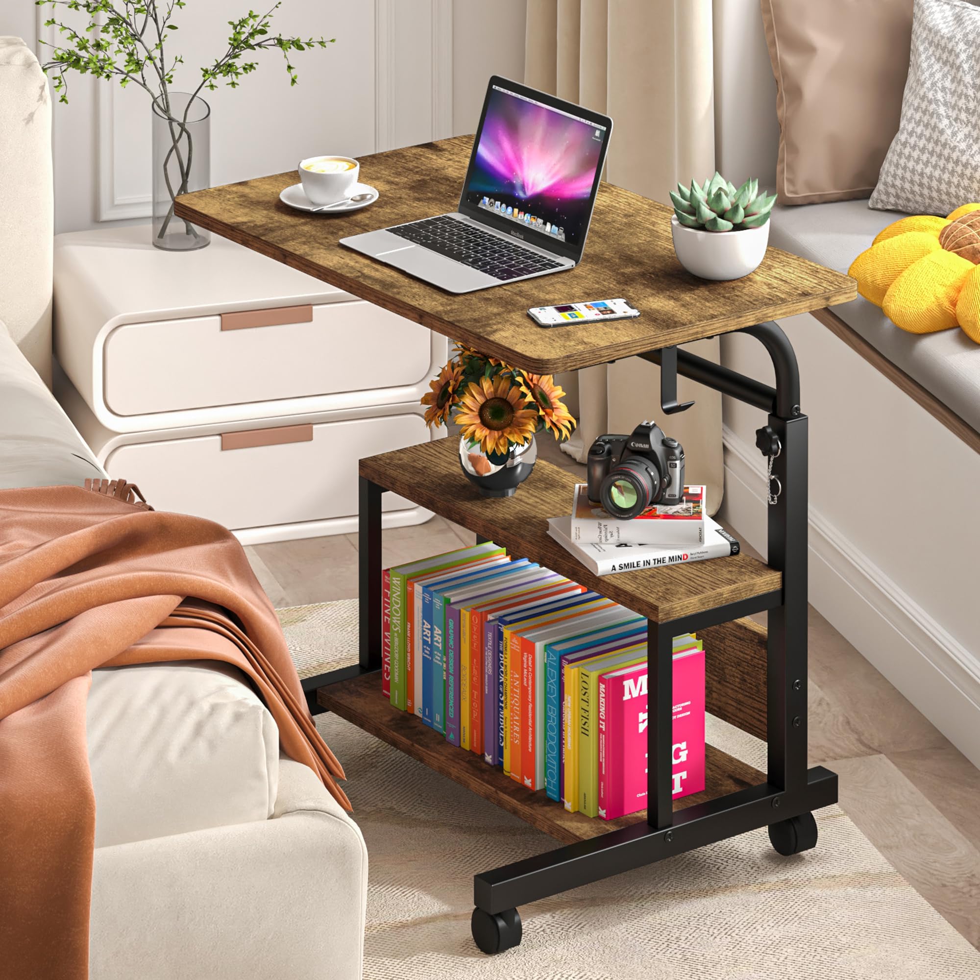 Autex Portable Desk with Storage Shelves, Height Adjustable Desk with Wheels, Small Rolling Desk with Hooks, Standing Desk on Wheels for Home Office, Mobile Computer Table for Small Space