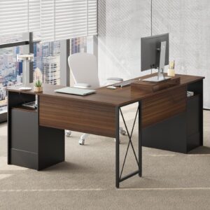 Bestier L Shaped Desk with File Drawers, 63" x 47" Office Computer Desk with Storage Cabinet, Corner Desk with Monitor Stand & Modesty Panel for Home Office, Cherry