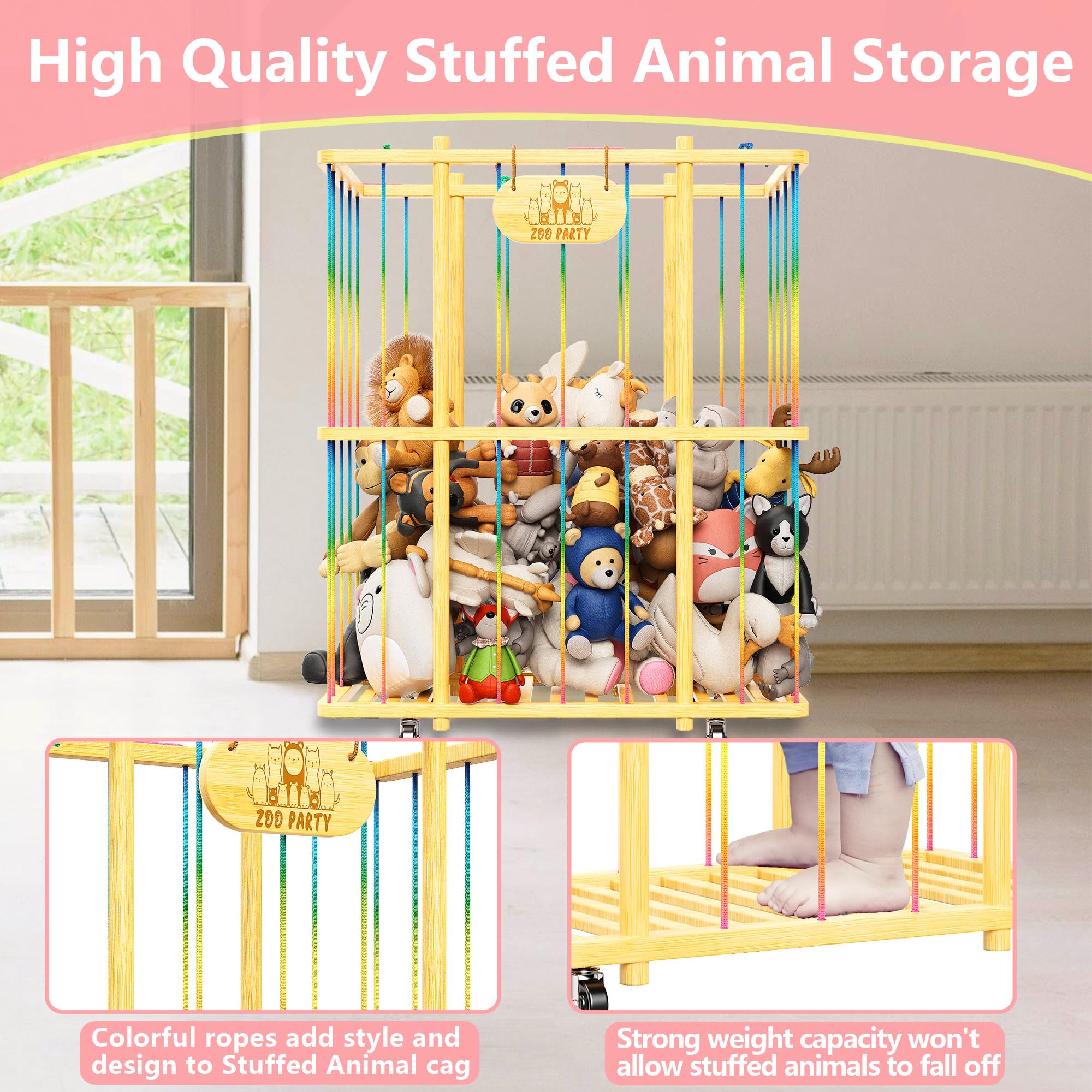 Extra Large Stuffed Animal Organizer, Bamboo Stuffed Animal Zoo Storage Cage, Stuffed Animal Holder with Wheels, Plush Toy Storage Organizer, Stuffed Animals Storage for Nursery Playroom