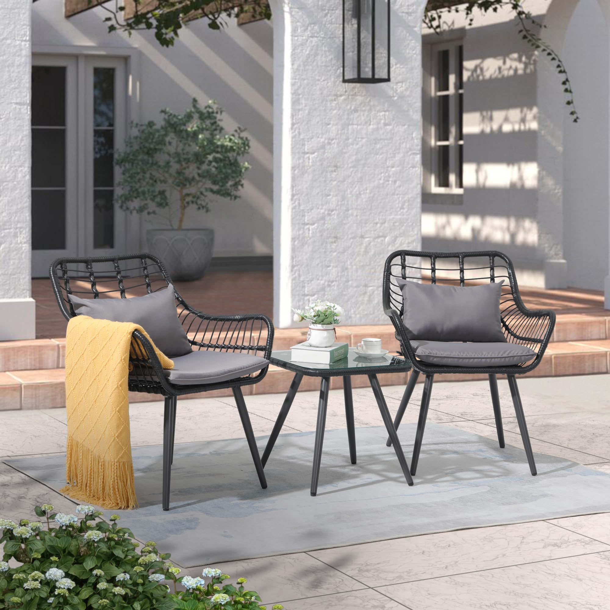 wOod-it 3 Piece Patio Set, Outdoor Wicker Conversation Chair Sets, All-Weather Rattan Bistro Furniture Set with Glass Top Table, Cushions & Lumbar Pillows for Porch Balcony Deck Backyard Poolside