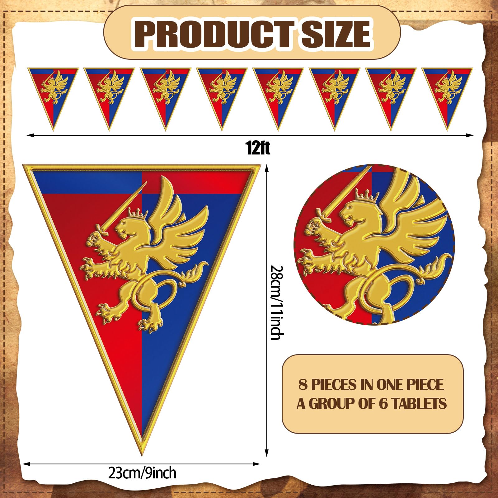 Hahafelt 6 Pcs 72 ft Medieval Fantasy Pennant Banner with Lion Design Hanging Party Bunting Banner Medieval Party Decorations Garden Triangle Flag for Castle Theme Festival Birthday Party