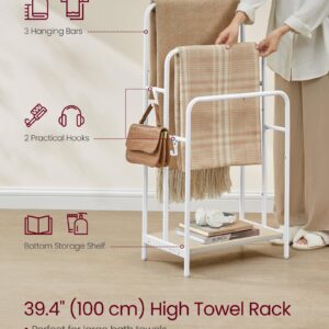 VASAGLE Freestanding Towel Rack, 3-Tier Blanket Holder with Storage Shelf, 19.7 x 11.8 x 39.4 Inches, Blanket Rack, 2 Hooks, for Blankets, Bath Towels, Cloud White and Natural Beige ULLS009W01