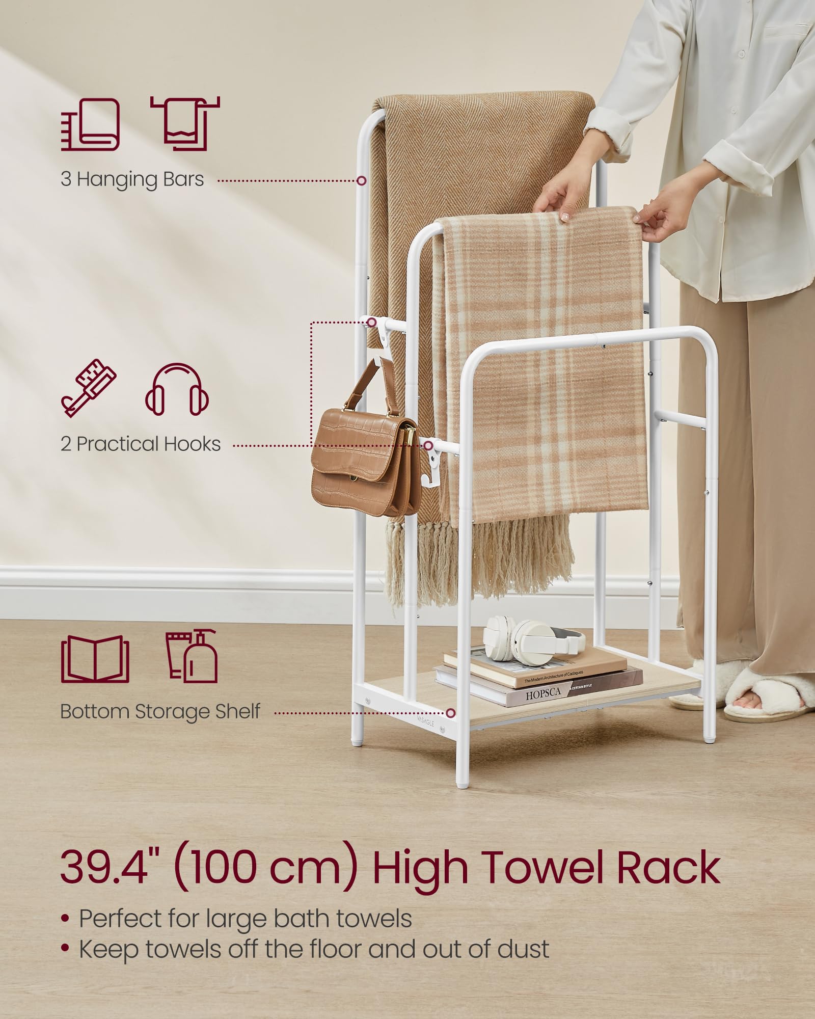 VASAGLE Freestanding Towel Rack, 3-Tier Blanket Holder with Storage Shelf, 19.7 x 11.8 x 39.4 Inches, Blanket Rack, 2 Hooks, for Blankets, Bath Towels, Cloud White and Natural Beige ULLS009W01