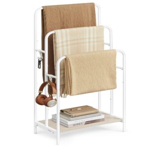 vasagle freestanding towel rack, 3-tier blanket holder with storage shelf, 19.7 x 11.8 x 39.4 inches, blanket rack, 2 hooks, for blankets, bath towels, cloud white and natural beige ulls009w01