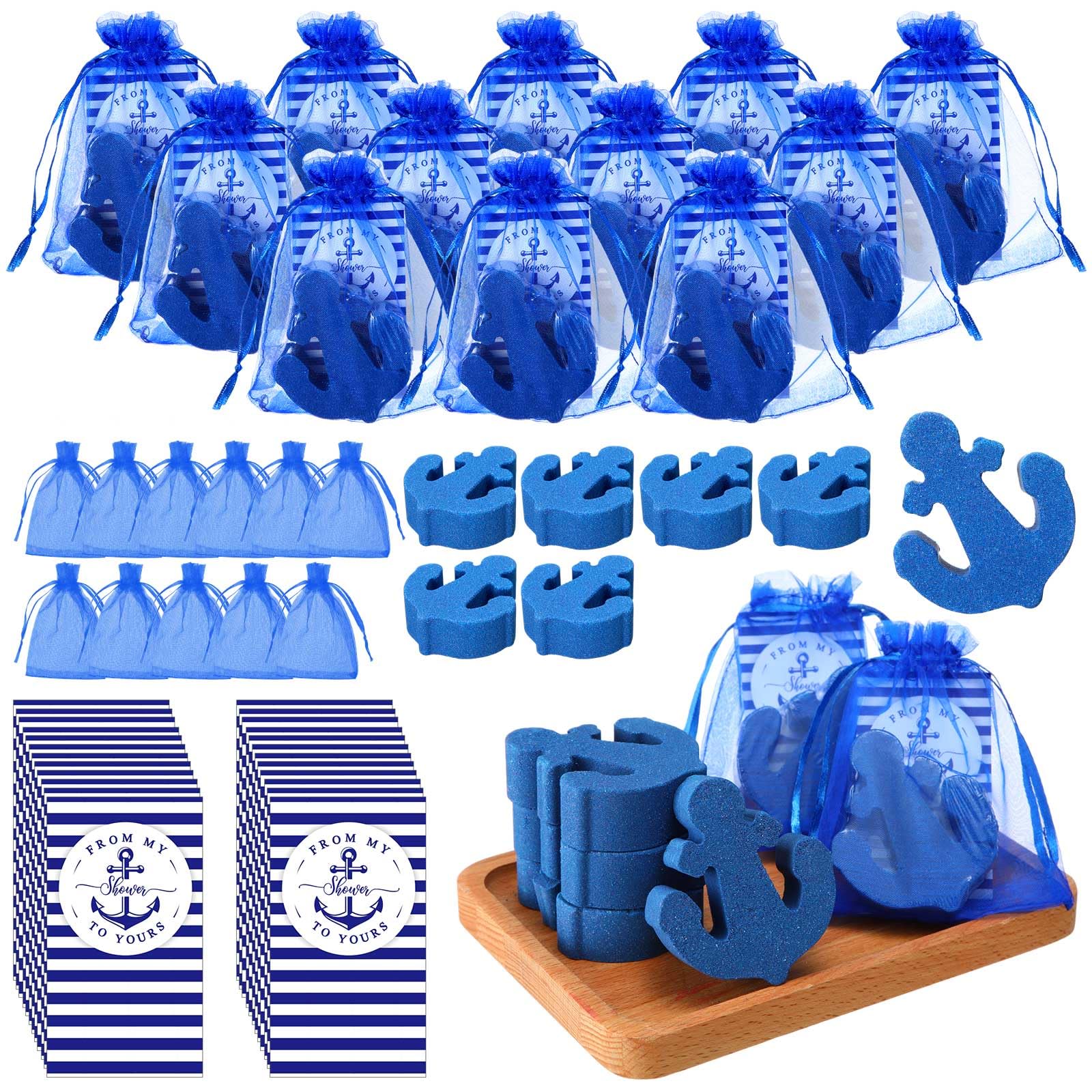 Swiffen 30 Sets Nautical Theme Baby Shower Favors Include Navy Blue Bubble Anchor Shape Bath Bombs Thank You Card Organza Bag for Spa Guests Wedding Birthday Gender Reveal Party Decoration