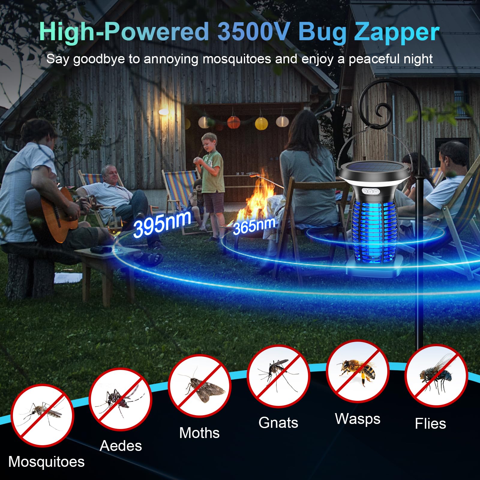 PhatroyYee Solar Bug Zapper Outdoor, 3-in-1 Mosquito Zapper Outdoor Solar Powered, Cordless Electric Bug Zapper Indoor with Night Light, Waterproof Fly Zapper for Patio Backyard Home Kitchen Camping