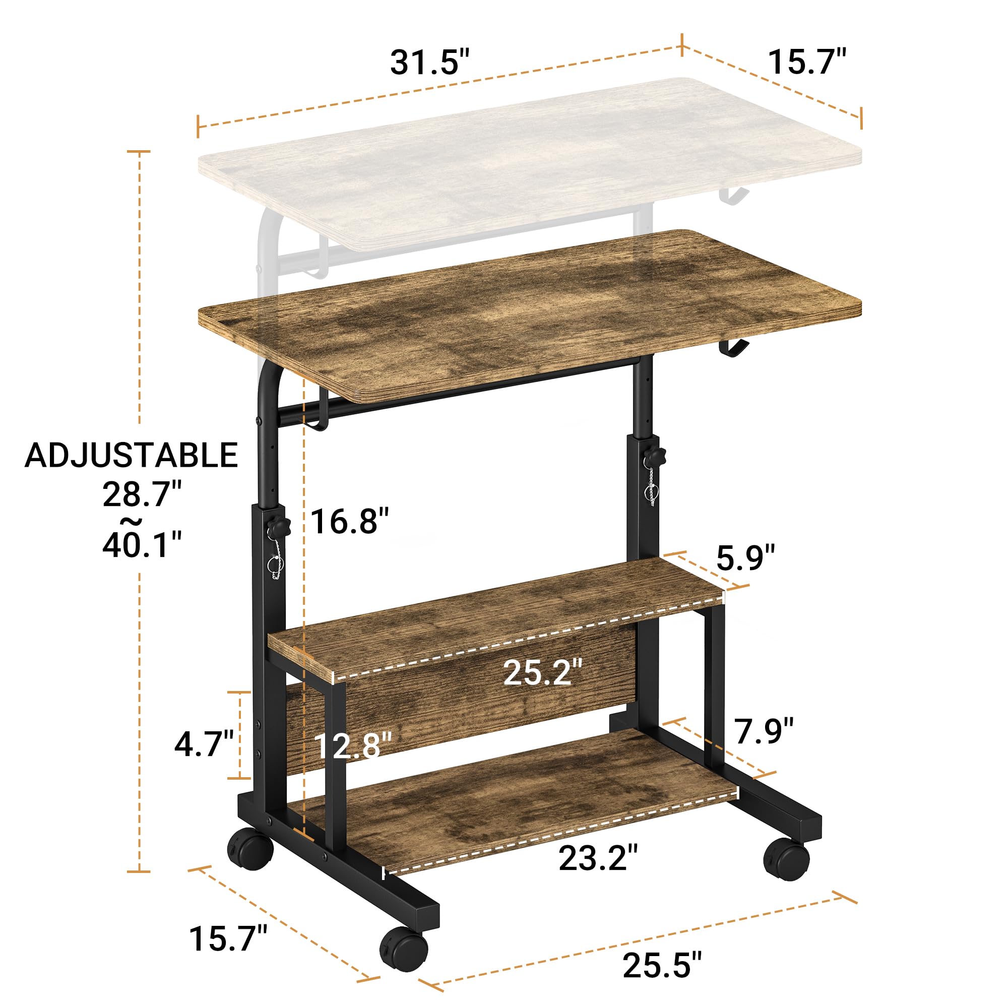 Autex Portable Desk with Storage Shelves, Height Adjustable Desk with Wheels, Small Rolling Desk with Hooks, Standing Desk on Wheels for Home Office, Mobile Computer Table for Small Space