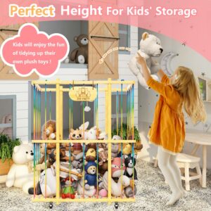 Extra Large Stuffed Animal Organizer, Bamboo Stuffed Animal Zoo Storage Cage, Stuffed Animal Holder with Wheels, Plush Toy Storage Organizer, Stuffed Animals Storage for Nursery Playroom