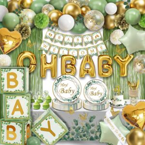 sage green baby shower decorations,all in one set,neutral baby shower supplies kit, with 4 balloon blocks,12 tableware sets, disposable plates, "oh baby" balloons,sage baby shower tablecloth, toppers