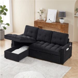 lunhung 78" L-Shaped Sofa,Reversible Sleeper Sectional Sofa with Pull-Out Bed,Comfy Tufted Sectional Couch with Storage Chaise,USB Port&Side Pocket,Furniture Set for Living Room,SmallSpace (Black)