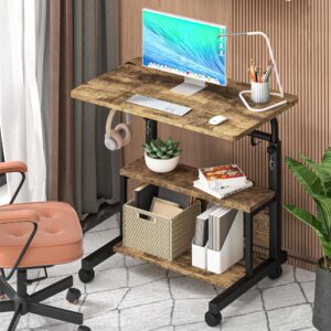 Autex Portable Desk with Storage Shelves, Height Adjustable Desk with Wheels, Small Rolling Desk with Hooks, Standing Desk on Wheels for Home Office, Mobile Computer Table for Small Space