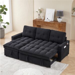 lunhung 78" L-Shaped Sofa,Reversible Sleeper Sectional Sofa with Pull-Out Bed,Comfy Tufted Sectional Couch with Storage Chaise,USB Port&Side Pocket,Furniture Set for Living Room,SmallSpace (Black)