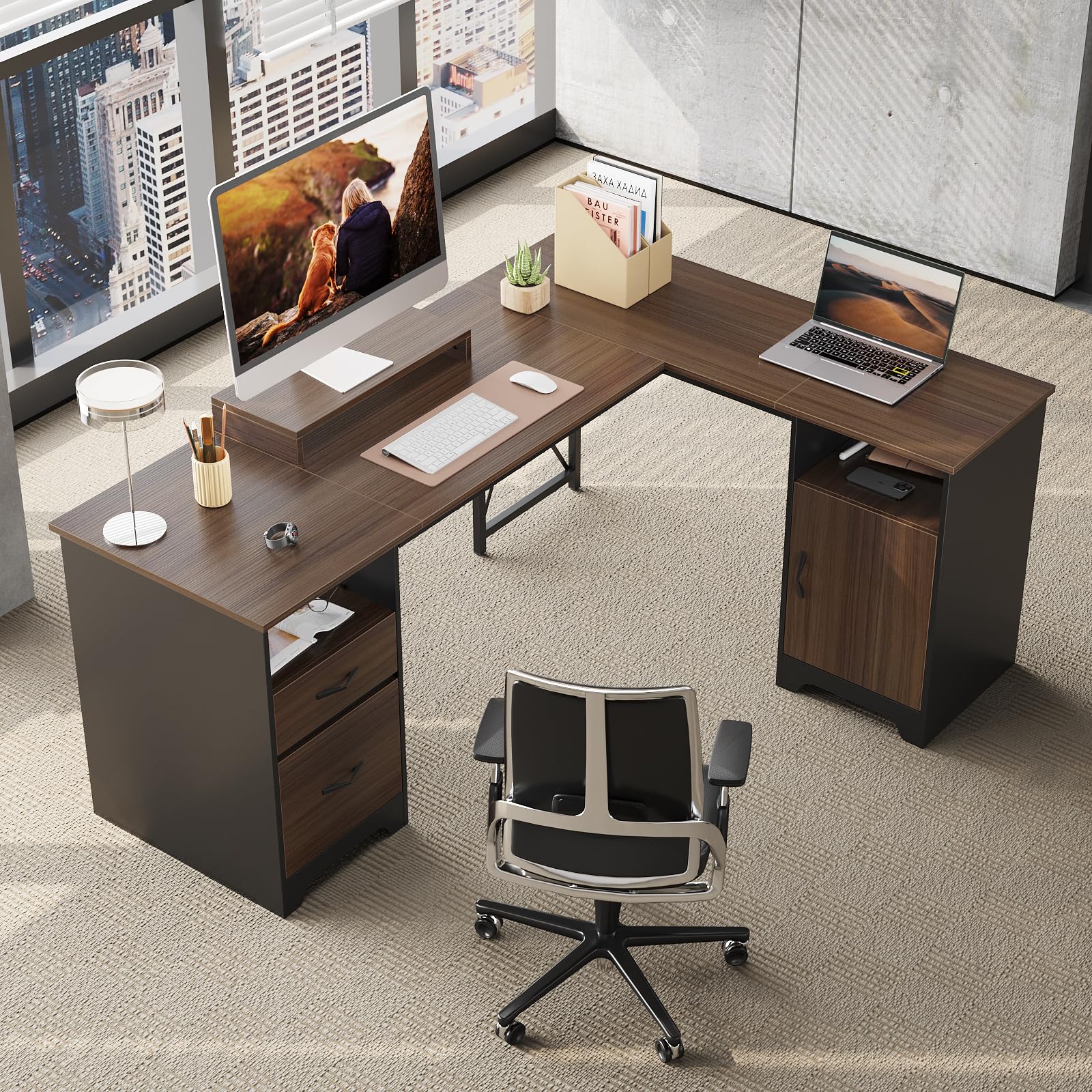 Bestier L Shaped Desk with File Drawers, 63" x 47" Office Computer Desk with Storage Cabinet, Corner Desk with Monitor Stand & Modesty Panel for Home Office, Cherry