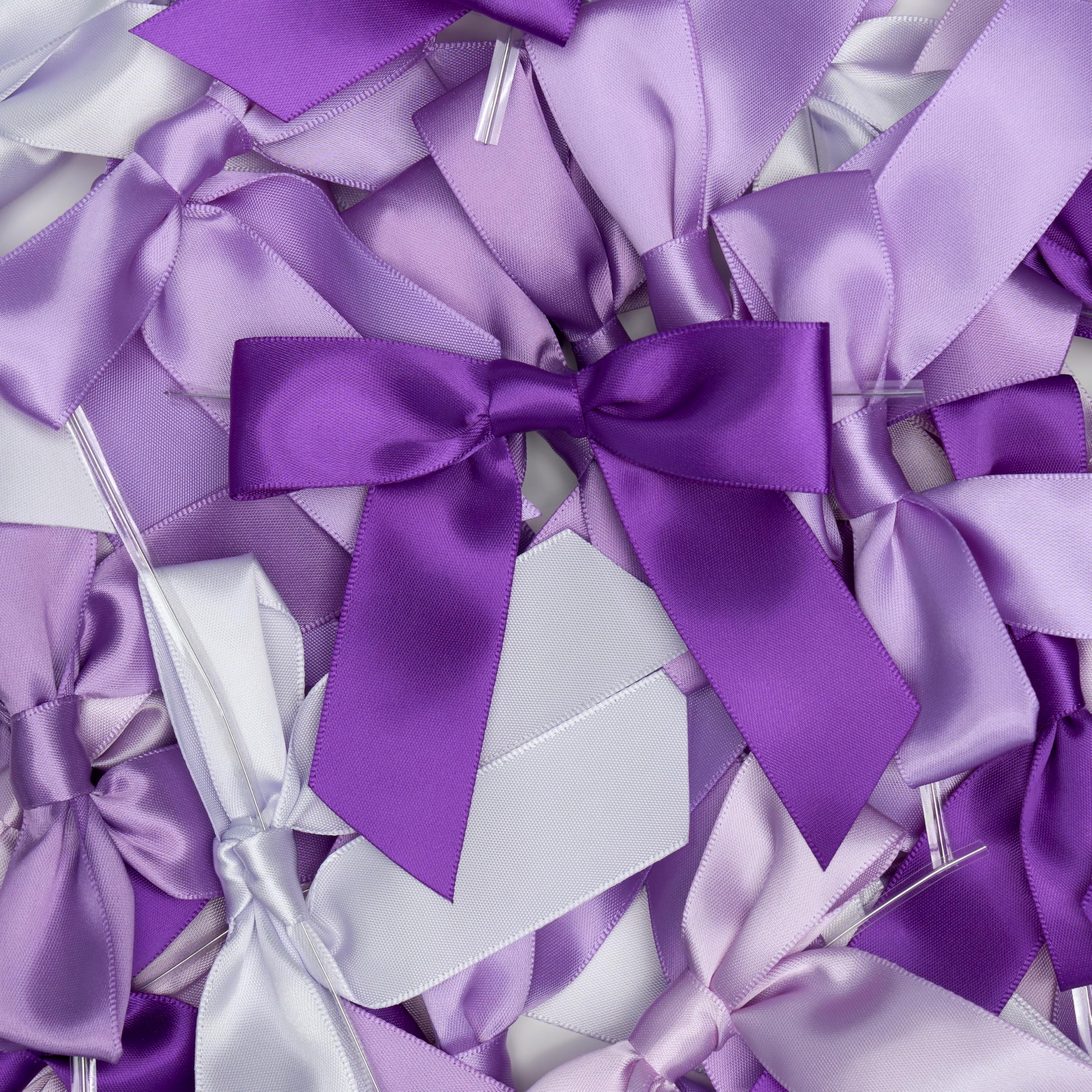 LIZLOVESS 5 Colors Purple Twist Tie Bows for Treat Bags 3.5" Pre-Tied Lilac Satin Ribbon Bows Gift Wrap Bows Premade Bows for Crafts, Cake Pops, Wedding, Hair, Party Favors, Baked Goods (50 Pack)