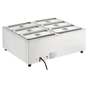 VEVOR 6-Pan Commercial Food Warmer, 6 x 8QT Electric Steam Table, 1200W Professional Countertop Stainless Steel Buffet Bain Marie with 86-185°F Temp Control for Catering and Restaurants, Silver