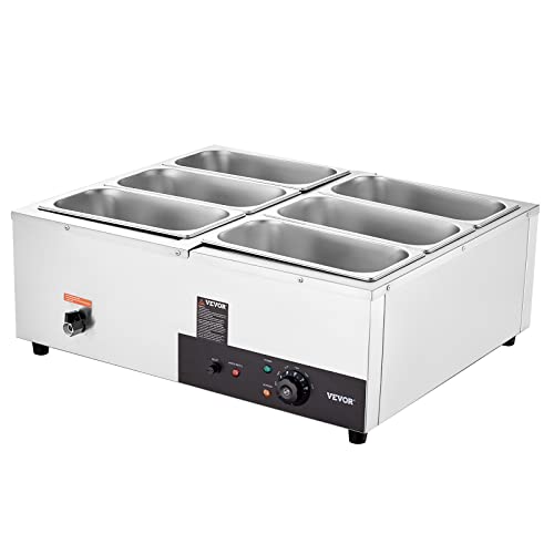 VEVOR 6-Pan Commercial Food Warmer, 6 x 8QT Electric Steam Table, 1200W Professional Countertop Stainless Steel Buffet Bain Marie with 86-185°F Temp Control for Catering and Restaurants, Silver