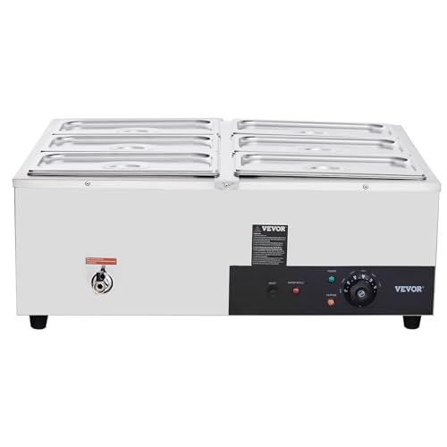 VEVOR 6-Pan Commercial Food Warmer, 6 x 8QT Electric Steam Table, 1200W Professional Countertop Stainless Steel Buffet Bain Marie with 86-185°F Temp Control for Catering and Restaurants, Silver