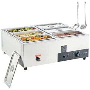 vevor 6-pan commercial food warmer, 6 x 8qt electric steam table, 1200w professional countertop stainless steel buffet bain marie with 86-185°f temp control for catering and restaurants, silver