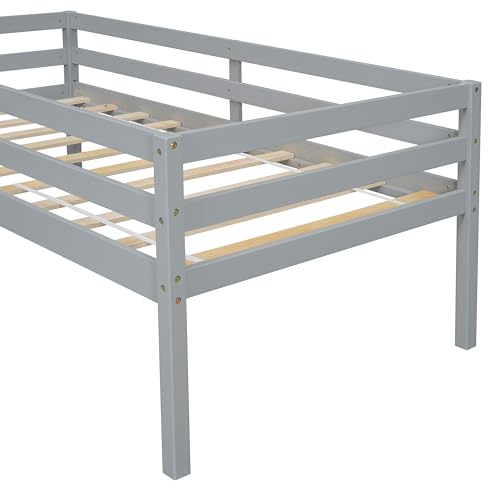 Twin Loft Bed with Slide, Twin Kids Loft Bed with Slide & Ladder, Wood Low Loft Bed Frame with Safety Guardrails, Sturdy Slat Support, Twin Kid Bed Low Loft Bed for Kid, Boys Girls, Grey