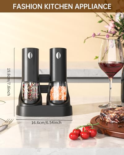 CIRCLE JOY Electric Salt and Pepper Grinder Set Automatic Salt and Pepper Grinder Set with Easy-to-Carry Charging Base and LED Light, Adjustable Coarseness, USB Rechargeable, Washable Container, Black