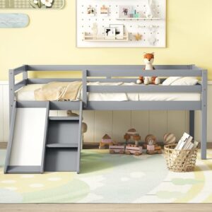 twin loft bed with slide, twin kids loft bed with slide & ladder, wood low loft bed frame with safety guardrails, sturdy slat support, twin kid bed low loft bed for kid, boys girls, grey