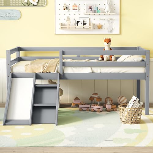 Twin Loft Bed with Slide, Twin Kids Loft Bed with Slide & Ladder, Wood Low Loft Bed Frame with Safety Guardrails, Sturdy Slat Support, Twin Kid Bed Low Loft Bed for Kid, Boys Girls, Grey