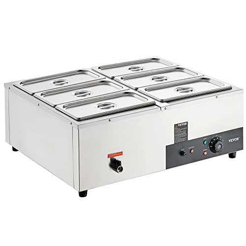 VEVOR 6-Pan Commercial Food Warmer, 6 x 8QT Electric Steam Table, 1200W Professional Countertop Stainless Steel Buffet Bain Marie with 86-185°F Temp Control for Catering and Restaurants, Silver