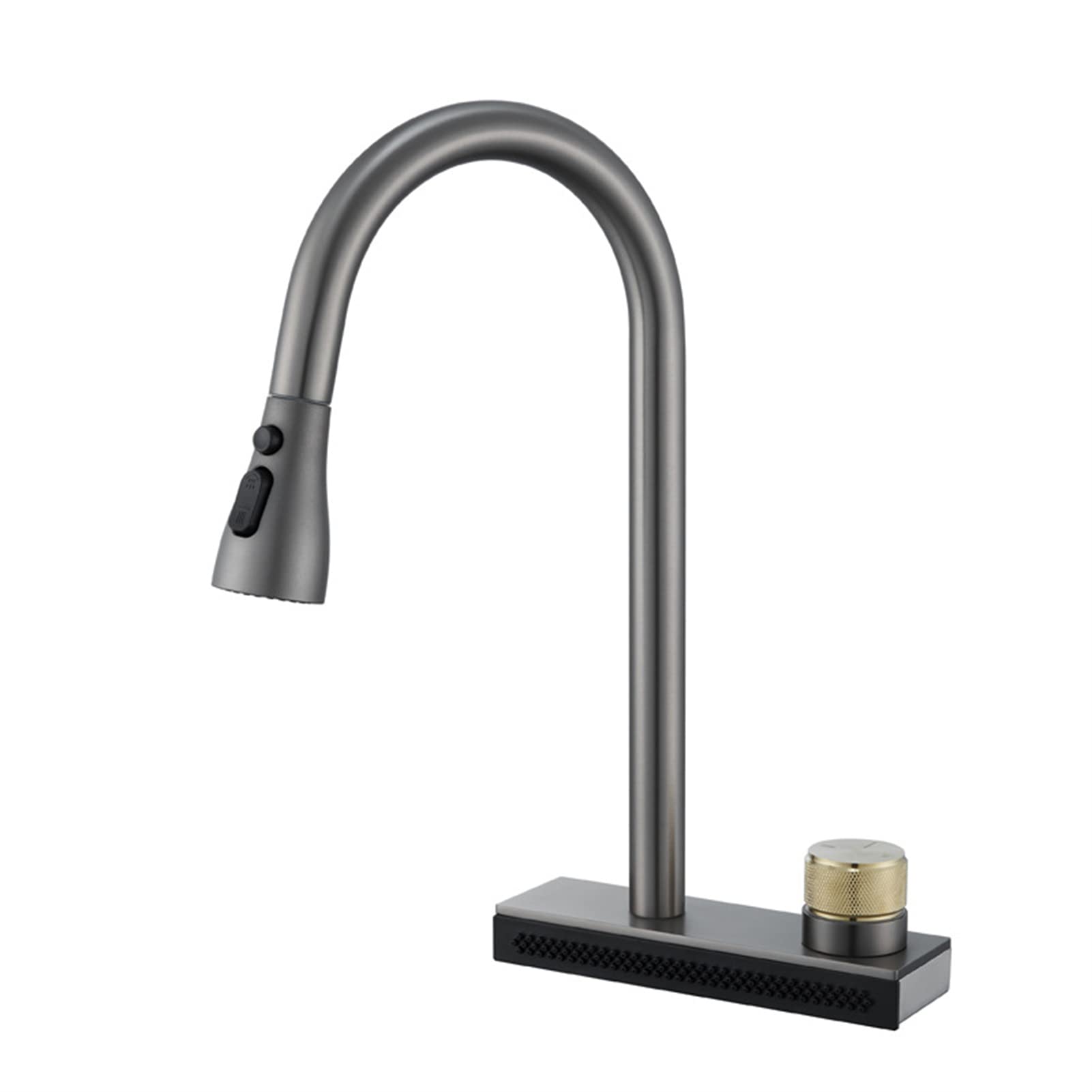 WTEZRSRGG Kitchen Faucet Pull Out, Big Waterfall Kitchen Sink Faucet with 3 Functions Sprayers, Single Hole Sink Mixer Kitchen Tap with Rotate Button,Black (Color : Brushed Gunmetal)