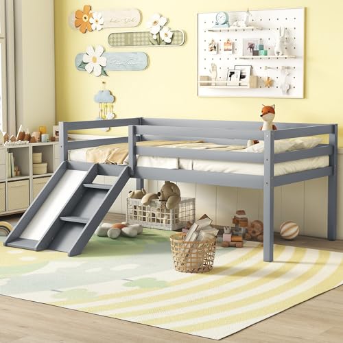 Twin Loft Bed with Slide, Twin Kids Loft Bed with Slide & Ladder, Wood Low Loft Bed Frame with Safety Guardrails, Sturdy Slat Support, Twin Kid Bed Low Loft Bed for Kid, Boys Girls, Grey