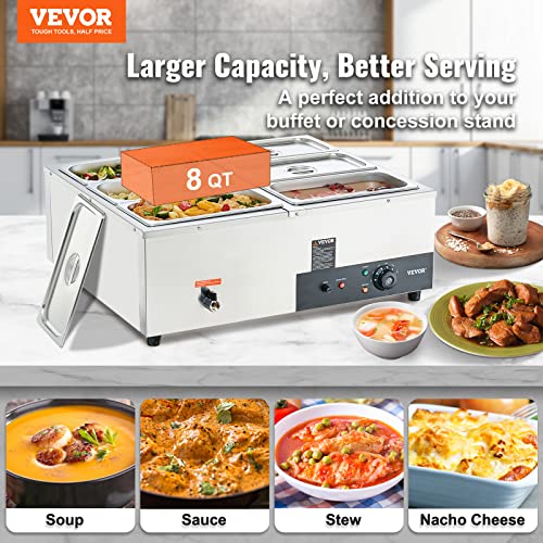 VEVOR 6-Pan Commercial Food Warmer, 6 x 8QT Electric Steam Table, 1200W Professional Countertop Stainless Steel Buffet Bain Marie with 86-185°F Temp Control for Catering and Restaurants, Silver