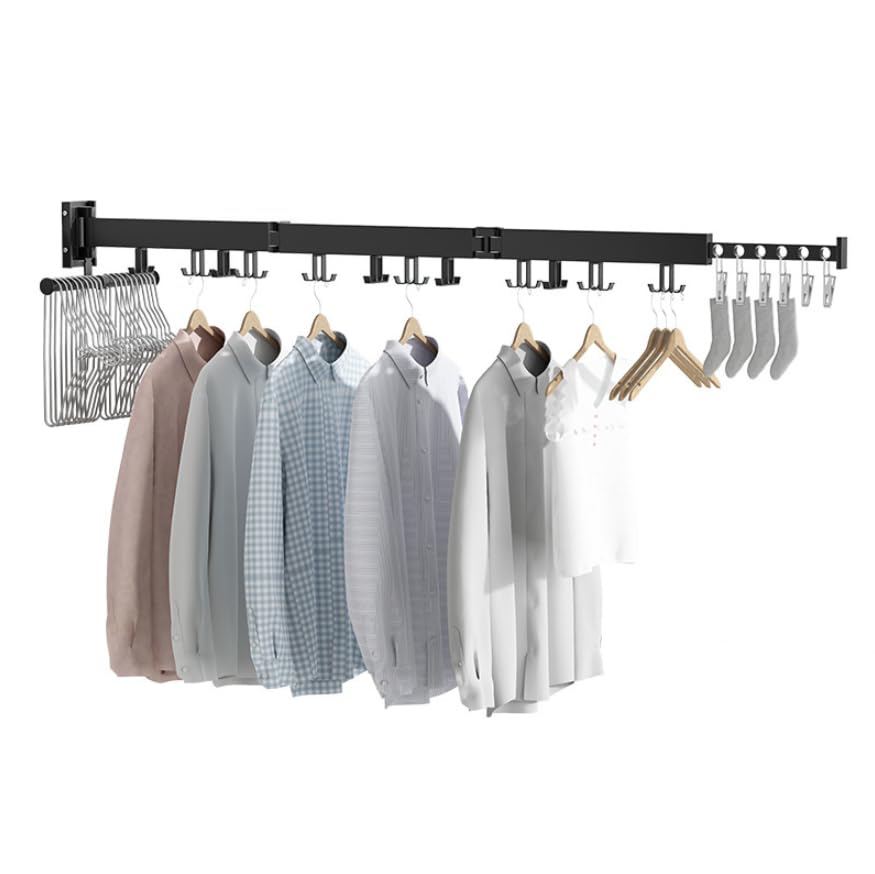 YWHWLX Wall Mounted Clothes Hanger Rack, Retractable Clothes Drying Rack,Space-Saver, Aluminum Laundry Drying Rack,Collapsible, for Laundry,Balcony, Mudroom, Bedroom (Black)