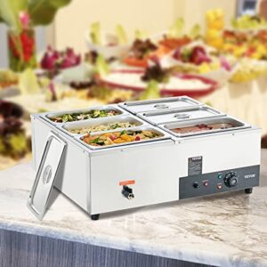 VEVOR 6-Pan Commercial Food Warmer, 6 x 8QT Electric Steam Table, 1200W Professional Countertop Stainless Steel Buffet Bain Marie with 86-185°F Temp Control for Catering and Restaurants, Silver