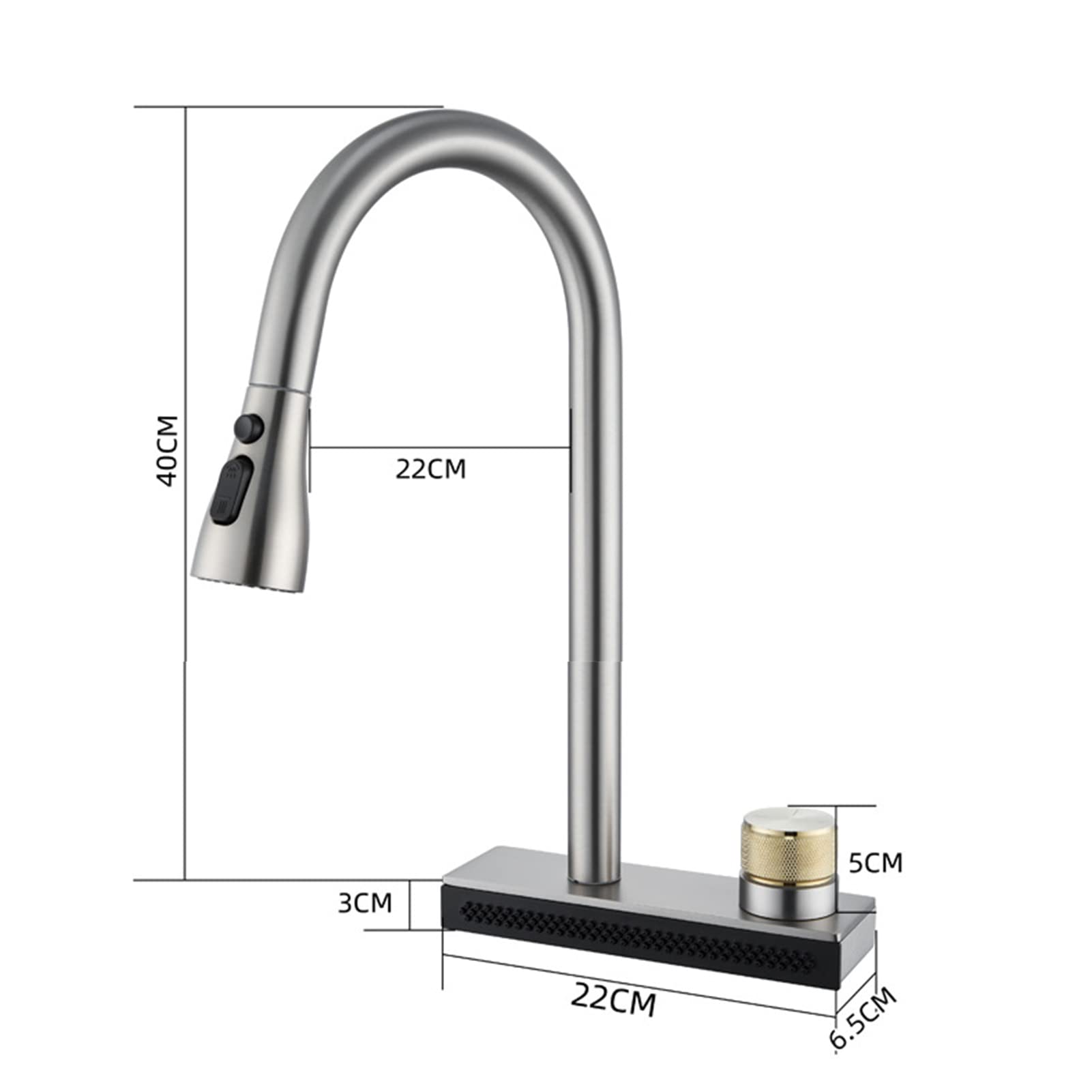 WTEZRSRGG Kitchen Faucet Pull Out, Big Waterfall Kitchen Sink Faucet with 3 Functions Sprayers, Single Hole Sink Mixer Kitchen Tap with Rotate Button,Black (Color : Brushed Gunmetal)