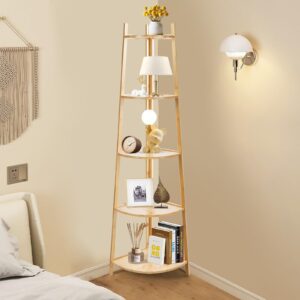 OUTREE Bamboo Corner Shelf, Upgraded Corner Shelf, Tall Corner Shelf Stand, 5 Tier Bookshelf with Versatile Shelving Unit for Living Room, Bedroom, Office, Bathroom, Easy to Store