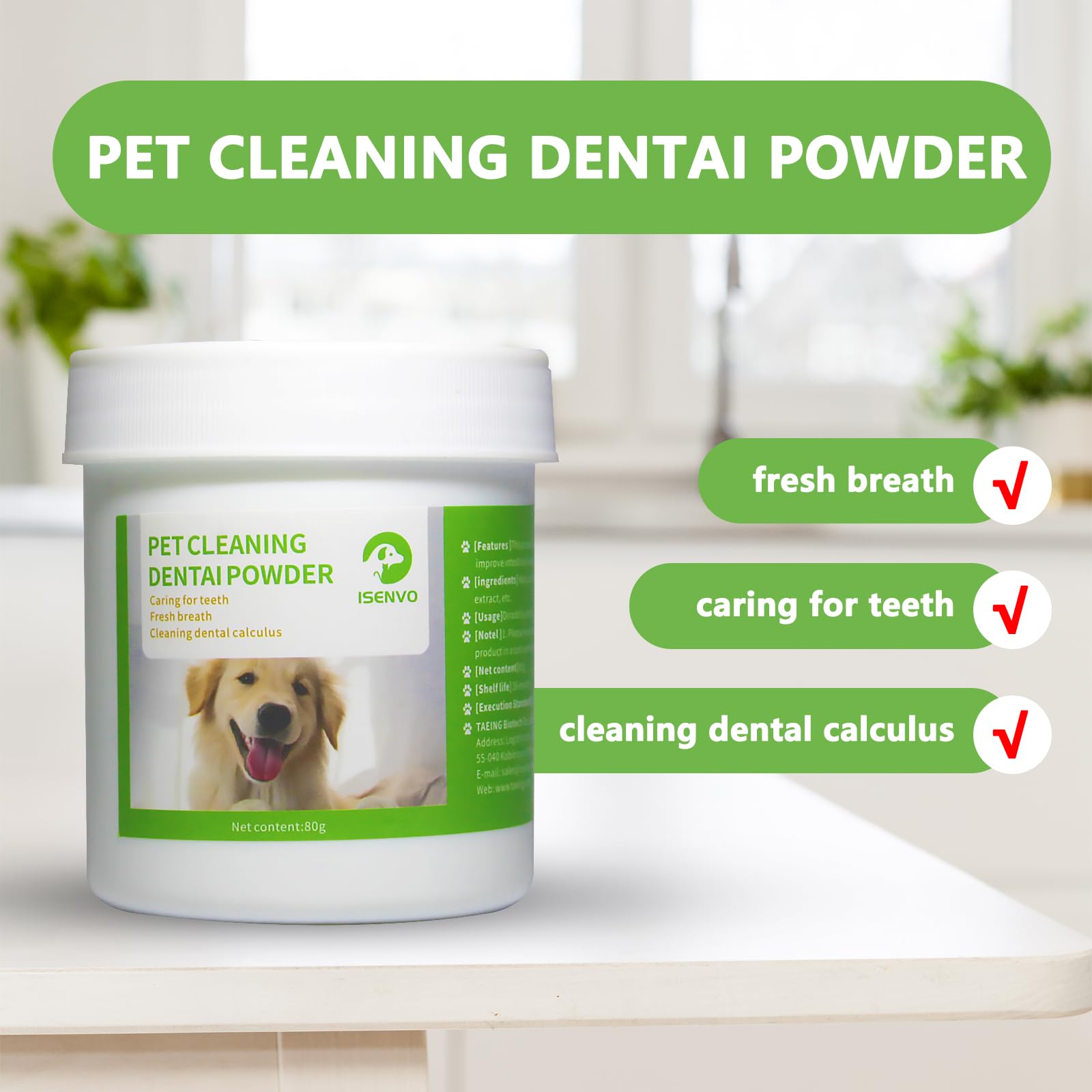 ISENVO Dog Dental Powder, Dental Care for Dog Teeth Breath Freshener, Plaque & Bad Breath Off Powder Dog - Helps Dental Health for Small, Medium and Large Dog, 80g