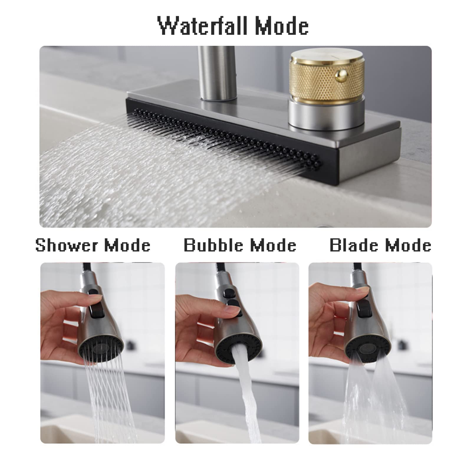 WTEZRSRGG Kitchen Faucet Pull Out, Big Waterfall Kitchen Sink Faucet with 3 Functions Sprayers, Single Hole Sink Mixer Kitchen Tap with Rotate Button,Black (Color : Brushed Gunmetal)