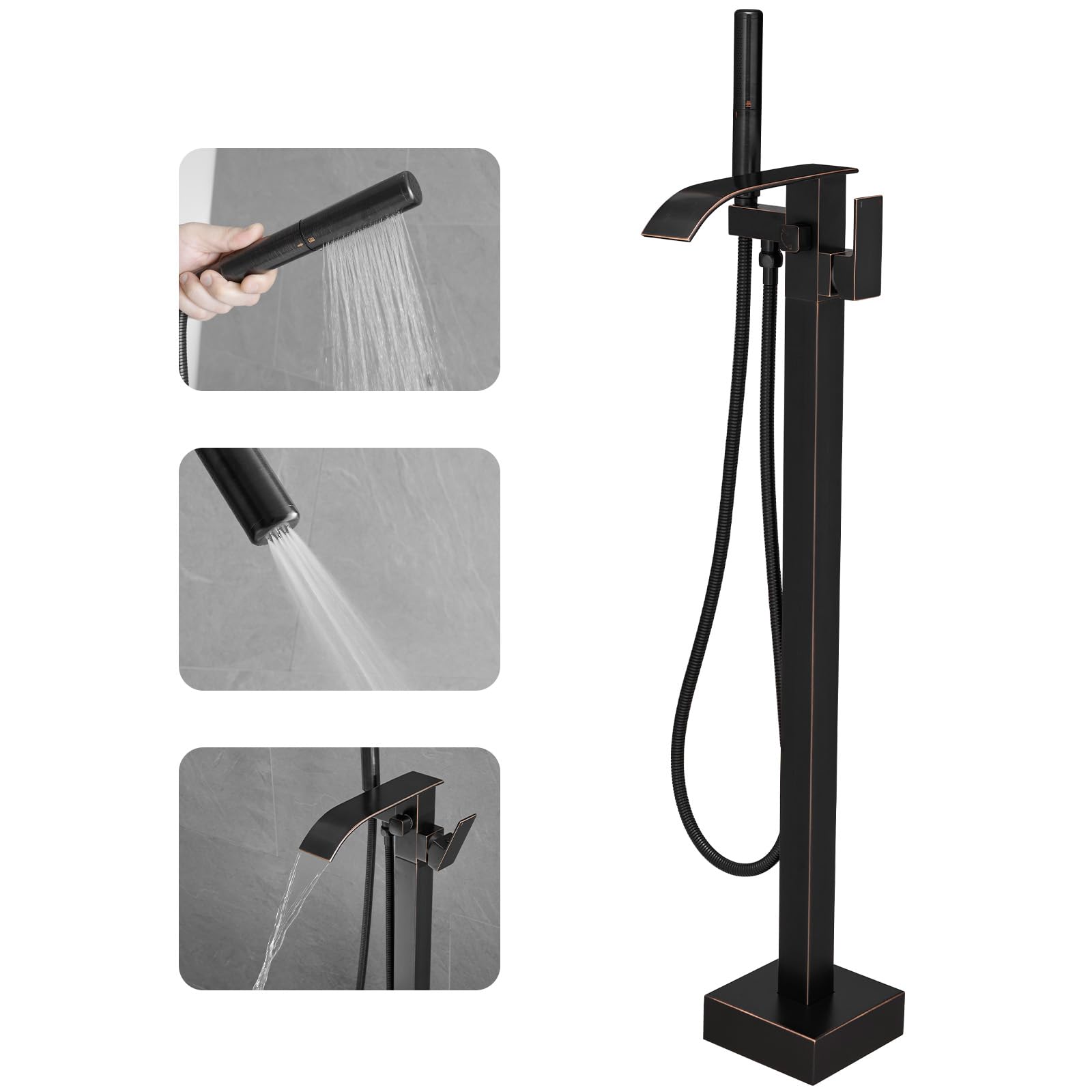 RUMOSE Tub Filler Freestanding Bathtub Faucet Oil Rubbed Bronze Floor Mount Tub Faucet Waterfall Bathtub Filler with CUPC Certified High Flow Brass Bath Shower Faucets with Handheld Sprayer