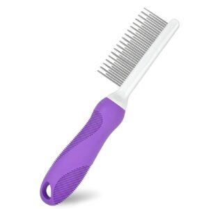 detangling pet comb for dog & cat, grooming comb with long & short stainless steel teeth, safely remove knots & tangles for healthy shiny coat, gentle effective detangling tool for pet hair (purple)