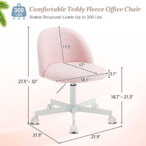 VINGLI Candy Chair Armless Cute Desk Chair,Comfy Small Office Chair with Wheels,Vanity Chair with Lumbar Support,Teddy Adjustable Rolling Swivel Computer Task Chair for Home Office,Bedroom,Gentle Pink