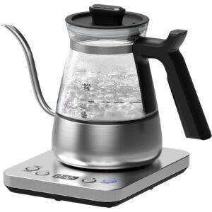 electric gooseneck glass kettle with temperature control, 1200w rapid boiling electric kettle for pour-over tea coffee, lcd display, 1h keep warm, 0.8l, silver