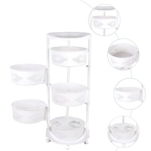 Round Rotating Storage Shelf 5-Tier Kitchen Rack Organizer Household Floor-Standing Vegetables Basket Rack with Lockable Casters for Kitchen, Living Room, White