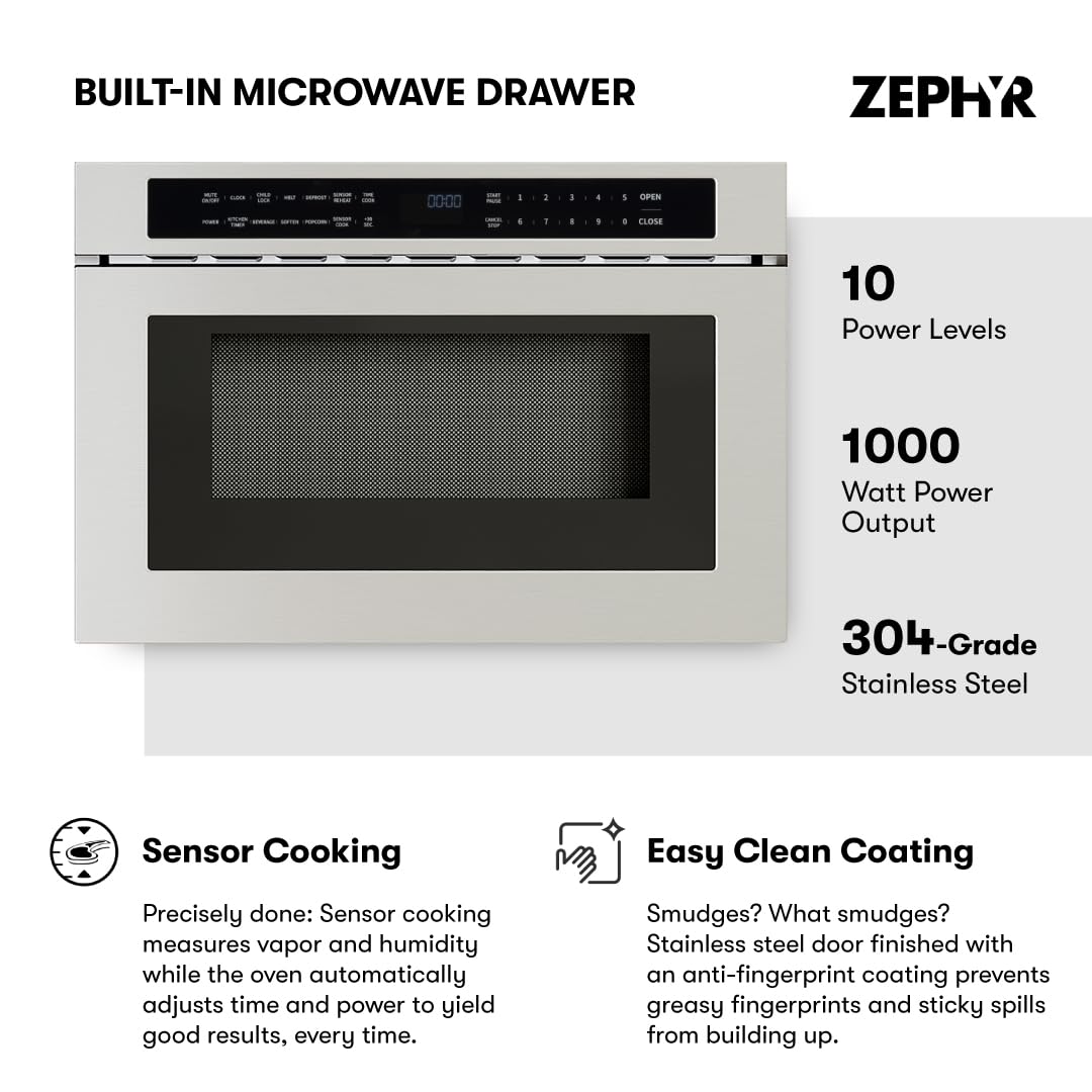 Zephyr 24 inch Built In Drawer Microwave Oven Under Cabinet - Under Counter Pull Out Microwave Drawer 1.2 cu ft