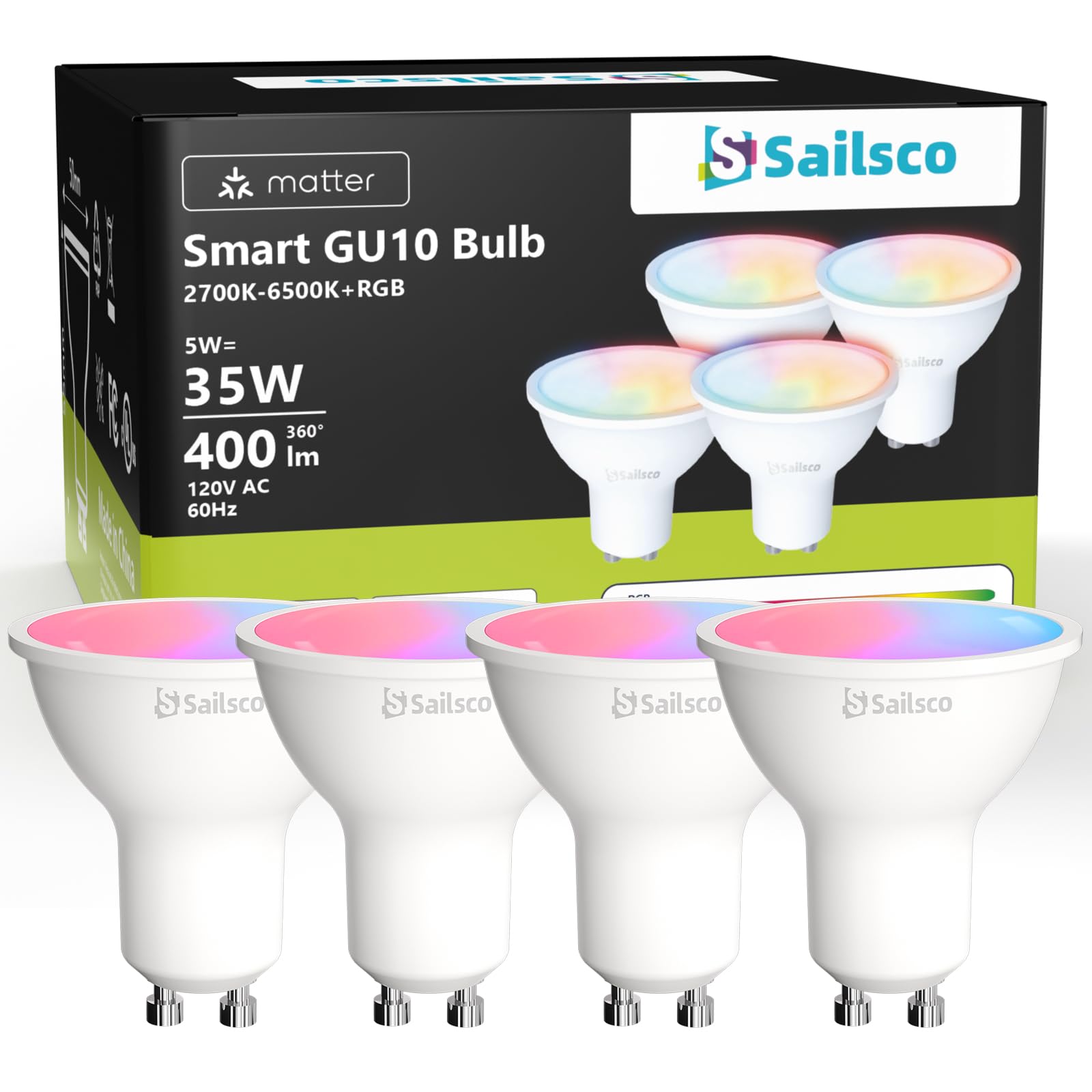 sailsco Matter Smart Light Bulbs,WiFi Smart Bulbs Work with Alexa/Google Home/Smart Life,RGBCW Color Changing LED Light Bulbs Music Sync,GU10 35W 400LM,2.4Ghz WiFi Only,No Hub Required,4 Pack