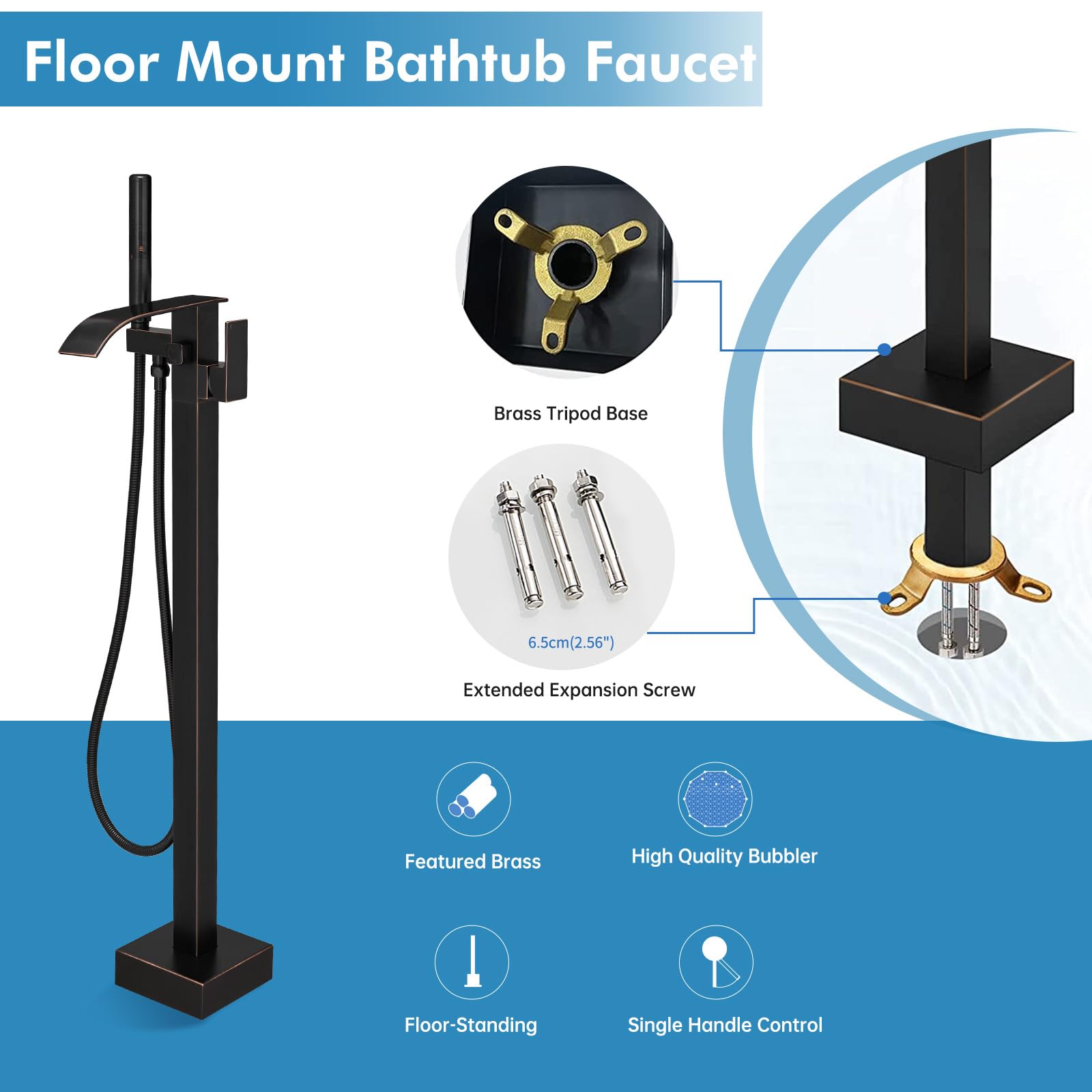 RUMOSE Tub Filler Freestanding Bathtub Faucet Oil Rubbed Bronze Floor Mount Tub Faucet Waterfall Bathtub Filler with CUPC Certified High Flow Brass Bath Shower Faucets with Handheld Sprayer