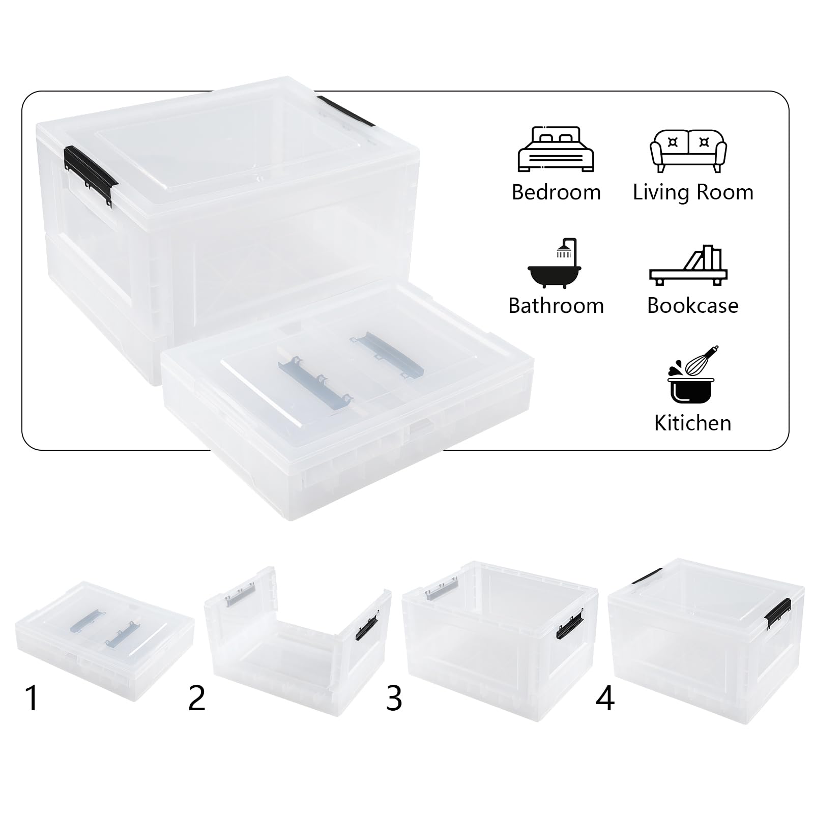 Haodehen 30 L Clear Plastic Collapsible Storage Boxes, 4 Pack Stackable Storage Bins, Folding Crate with Lids