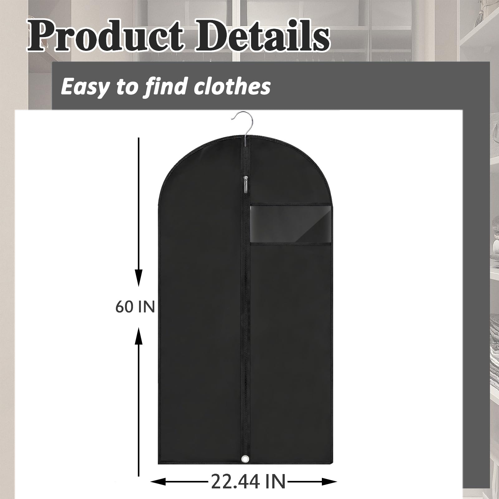 Fafish Dress Bags for Gowns Long,60'' Garment Bag Suit Bag for Closet Storage and Travel(Black)