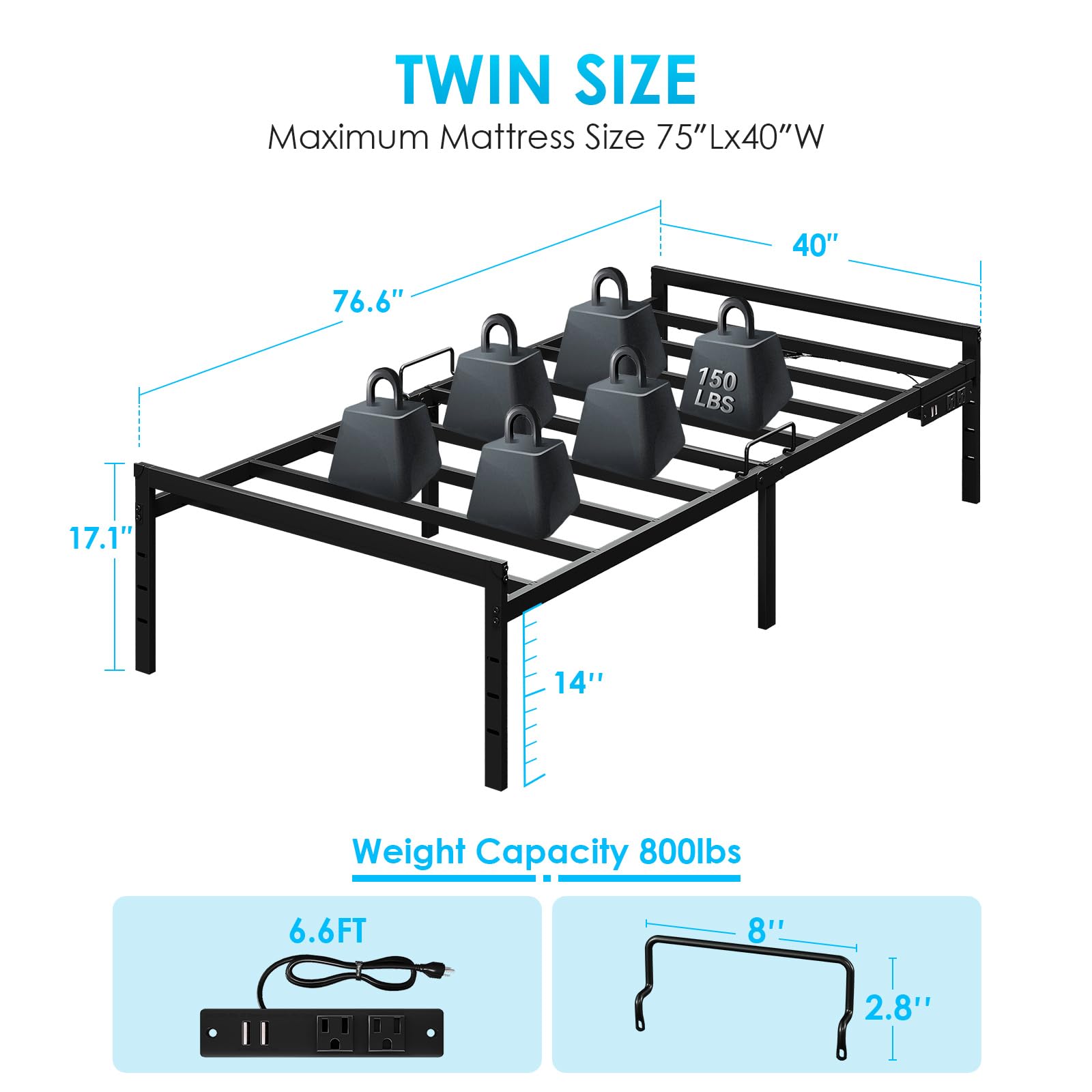 KKL Twin Bed Frames with LED Lights, 14inch Heavy Duty Steel Platform Bed Frame with Mattress Retainer Bar, Storage Space Beneath Bed, No Box Spring Needed, Easy Assembly, Noise Free