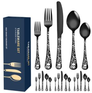 xiaoyu 20-piece bizarre flatware set, gothic skull silverware set for 4, skeleton flower unique pattern design, knives/forks/spoons cutlery set halloween event tableware utensils, black