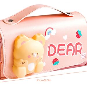 FEWOFJ Cute Bear Pencil Case for Kids,Kawaii Girls Pencil Pouch with Compartments,Stress Release Pencil Bag for Elementary Students(Pink)